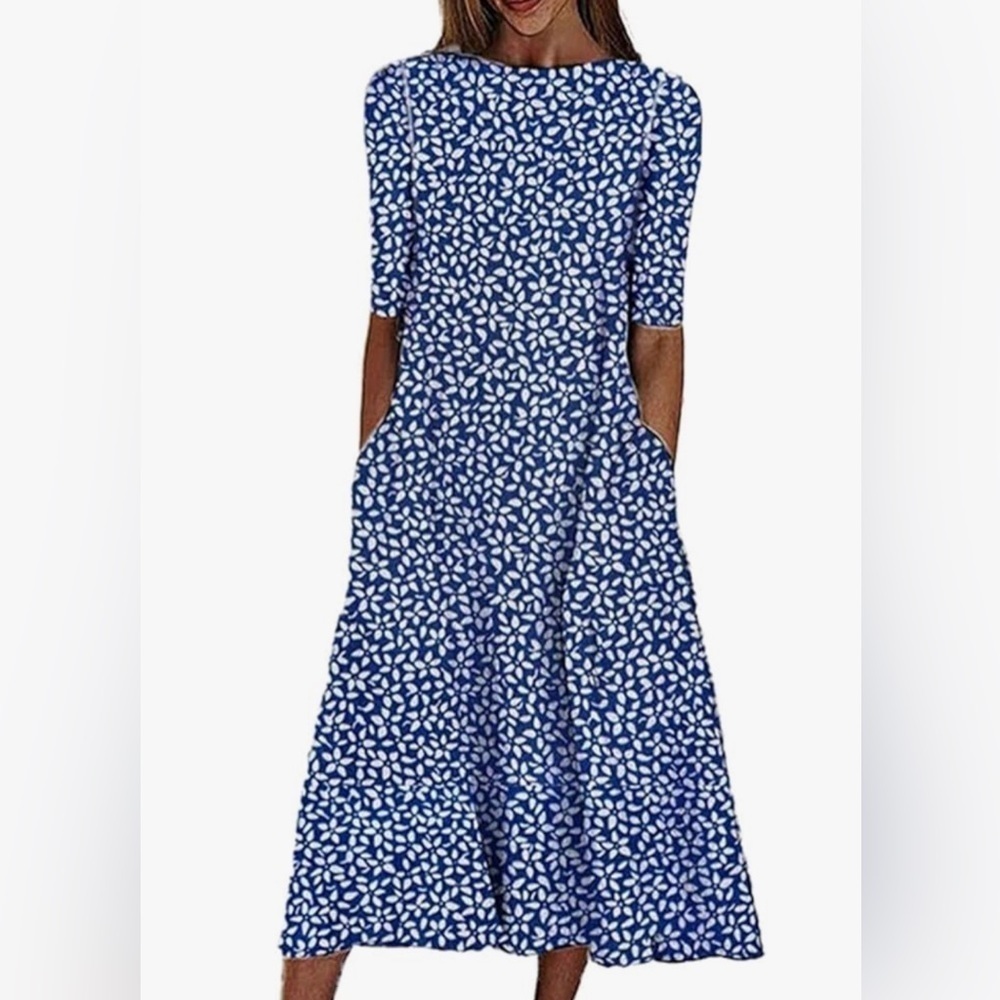 NoraCora Blue and White Floral Print Short Sleeve Midi Dress Size Small NEW